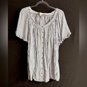 Terra & Sky Soft Linen Tunic Top Size 2X Flutter Sleeves Blue White Stripe